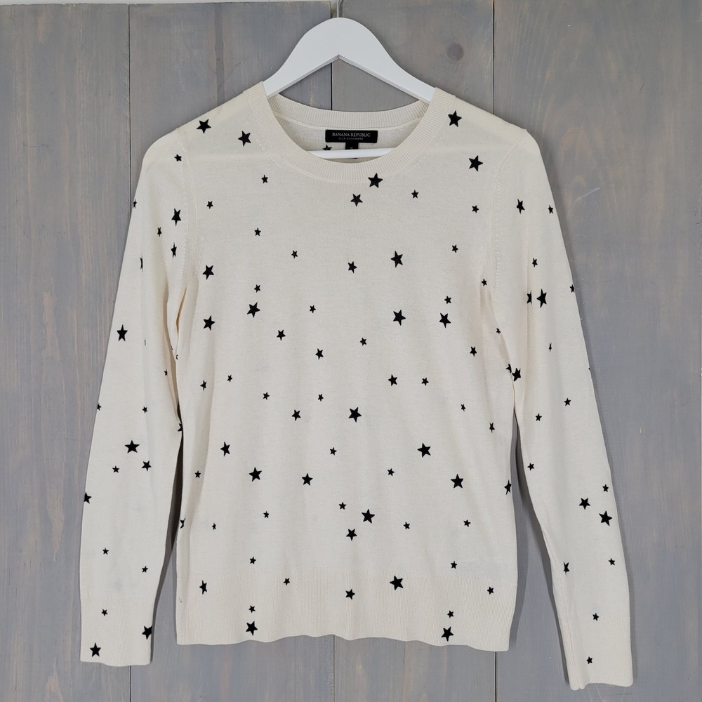 Banana Republic Sweater Womens S Cream Silk Cashmere Blend Black Star Print Crew